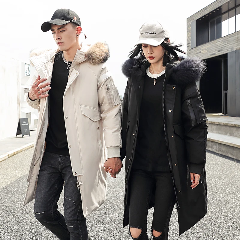 2021 couples new fashion long explosive style plus winter casual down jacket with hooded big fur collar warm men's brand coat
