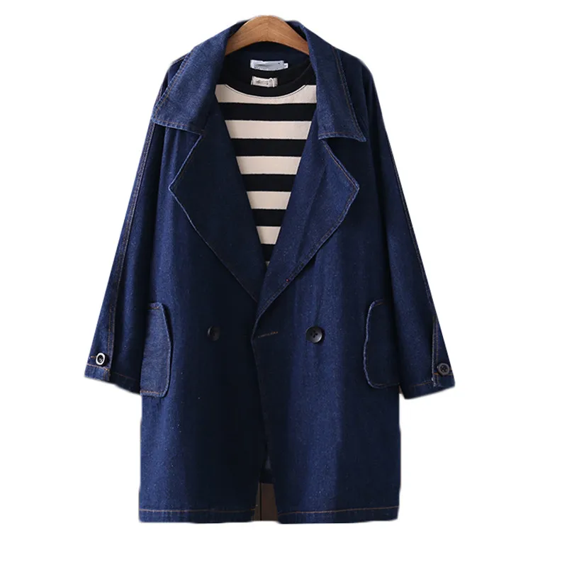 

Plus Size Women Denim Coat Spring Autumn Jacket Casual Mid long Overcoat Suit Collar Blue Jeans Jacket Female Windbreakers 5XL
