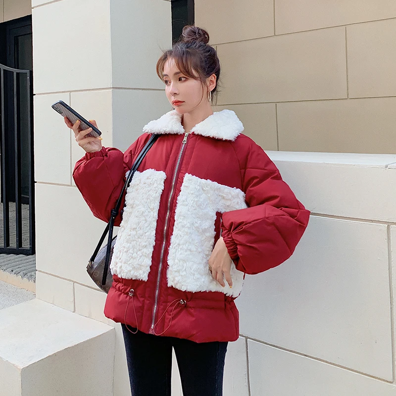 2021 Winter Women Thickened Lamb Velvet Fur One Short Coat Parkas Patchwork Fleece Thick Motorcycle Jacket Warm Padded OverCoat