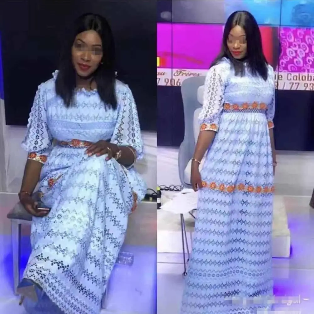 Небесно-Голубой перфорированный круг камни Африканский Базен Riche ткань вышитые