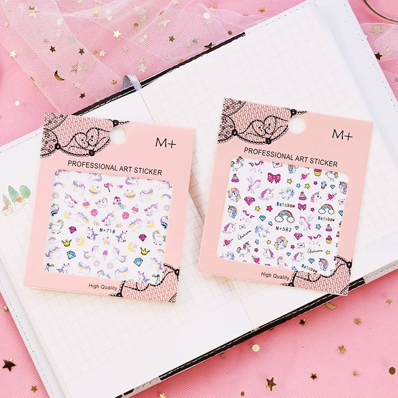 Милые наклейки для ногтей ручной работы с единорогом и девушкой журнал