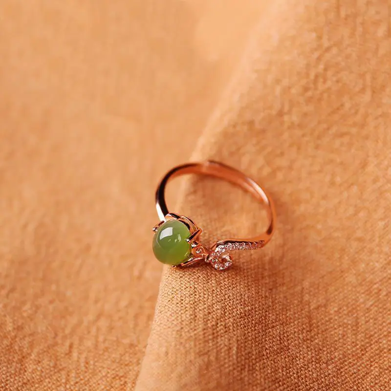 

Natural oval chalcedony plant winding rose gold opening adjustable ring Chinese retro charm women's brand silver jewelry