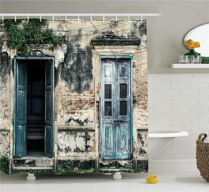 

Rustic Shower Curtains Printed Doors of An Old Rock House with French Frame Details in Countryside European Past Fabric Bathroom