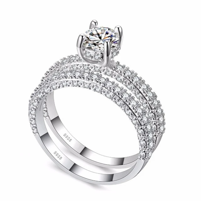 Round Platinum 925 пробы silverNew Мода сверкающий круглой огранки циркон кольцо комплект Для женщин Модный Блестящий сверкающий камень кольца подростков пальто для девочек двух цветов - Цвет камня: Round Platinum