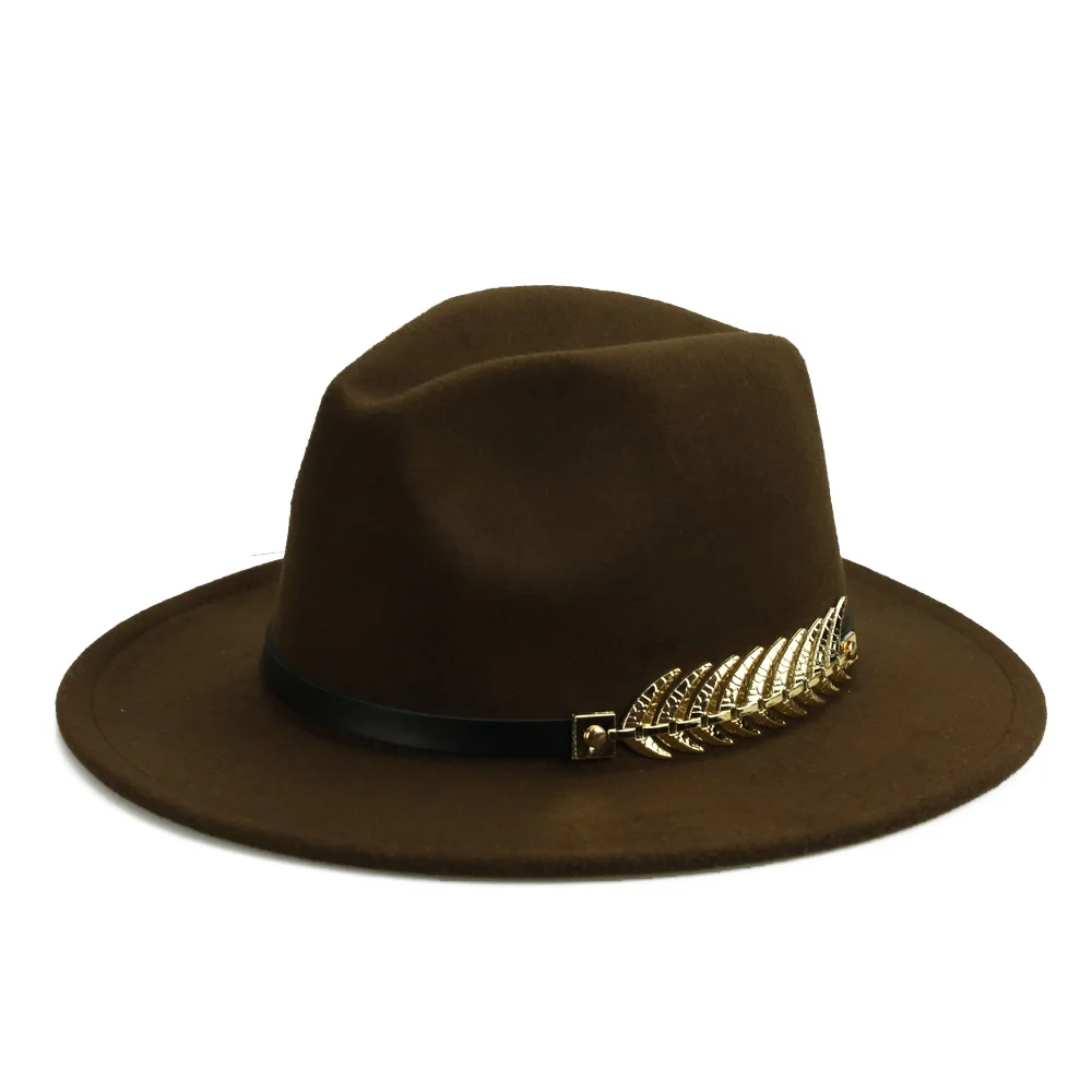 Brown trilby hat Зимняя фетровая шляпа с металлическим поясом, Женская фетровая шляпа с широкими полями, мужская фетровая шляпа, фетровая шляпа, Панама, кепки, винтажная верхняя шляпа, женская шапка YY18001 - Цвет: Brown trilby hat