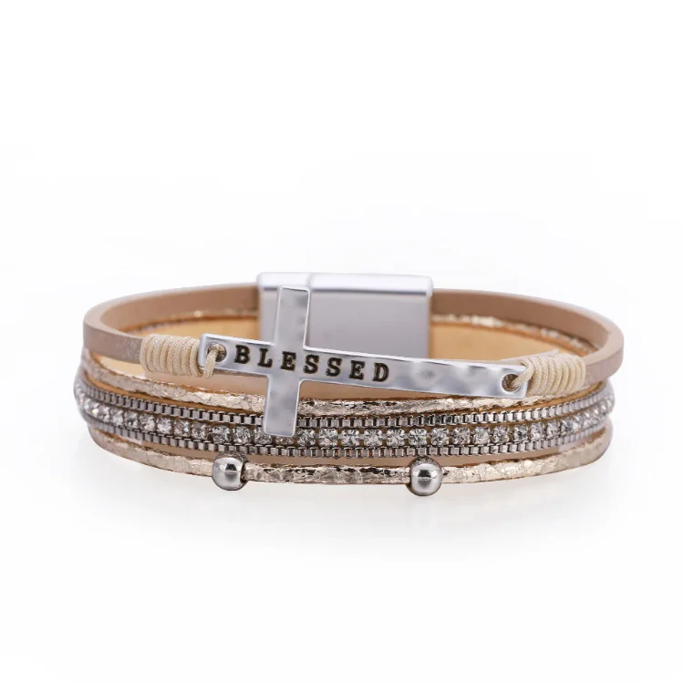 

ORNAPEADIA Jewelry New Cross Bracelet for Women Crystal Light Luxury Leather Magnetic Buckle Multicolor Bracelet Ladies Bangles