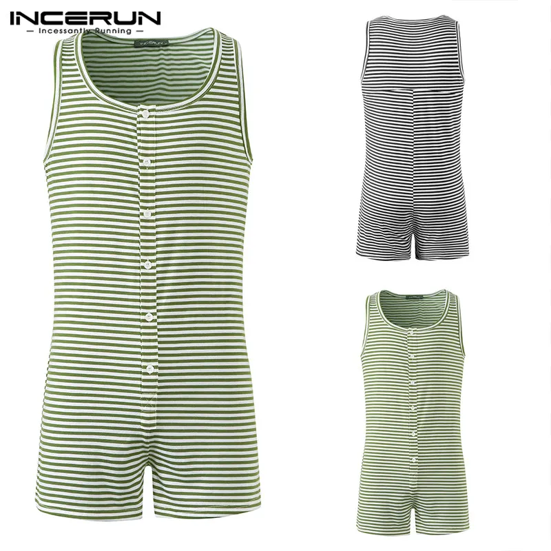 

INCERUN Striped Men Pajamas Playsuit Sleeveless Button Comfy Tank Tops Rompers Homewear Sexy Men Sleepwear Shorts Jumpsuit S-5XL
