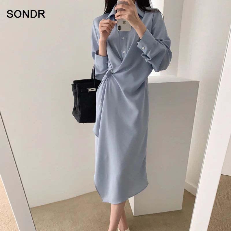 

One-Piece Korean Irregular Shirt Dress Woman Dresses 2020 Autumn Lapel Vintage Loose Dress Elegant Office Worker Slim Midi Dress