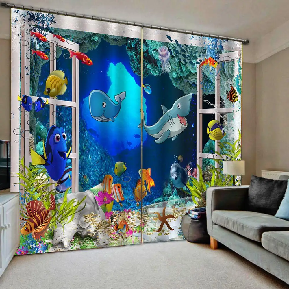 

Luxury Blackout 3D Curtains Living Room Bedroom Drapes Blue ocean dolphin underwater curtains kids Blackout curtain