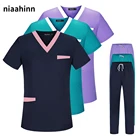 Унисекс медицинская одежда лабораторная рабочая одежда скраб-топ и брюки хирургический костюм для женщин и мужчин скрабы для кормления летняя скраб костюм униформа