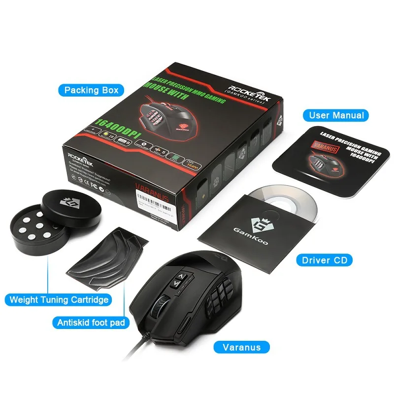 

M908 Wired Laser Gaming Mouse, 16400 DPI, with 19 Programmable Buttons and RGB LED, High Precision for MMO