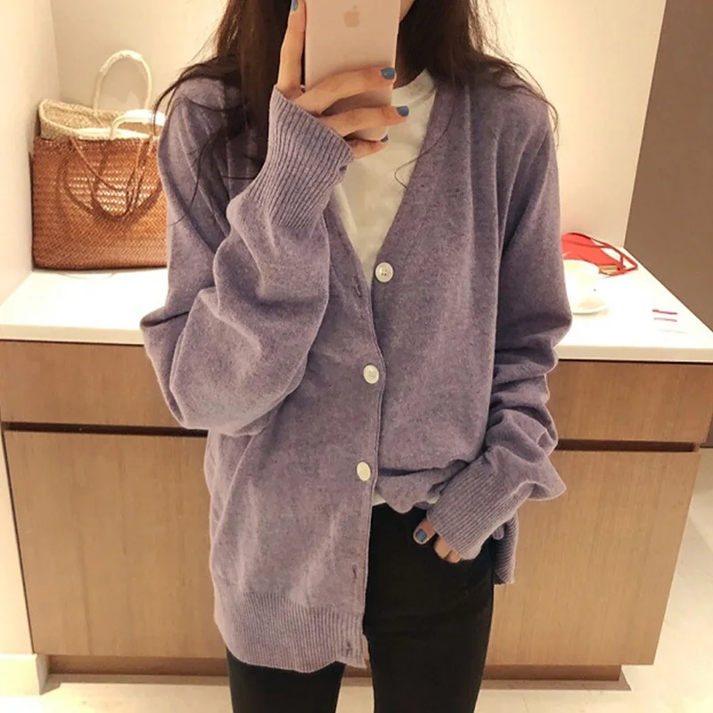 

Graceful Purple Knitted Cardigan Coat Female Autumn New Style Western Style Outdoor Sweater Loose Outer Wear V-neck Shirt