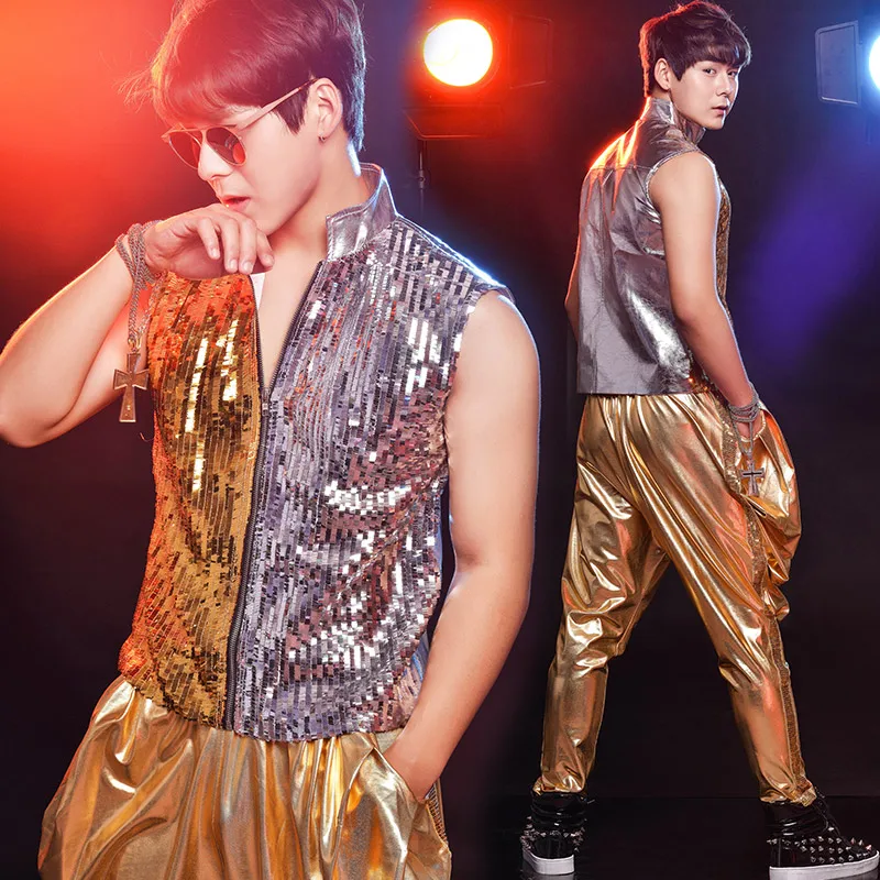 Shining Gold Stage Costumes For Singers Mens Hiphop Haren Pants Burning Man Festival Clothes Nightclub Outfits DJ Costume BL2190 |