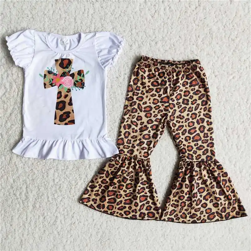 

Wholesale Toddler Easter Cross Fashion Kids Spring Children Ruflle Outfits Flower Baby Girl Clothing Leopard Bells Pants Clothes