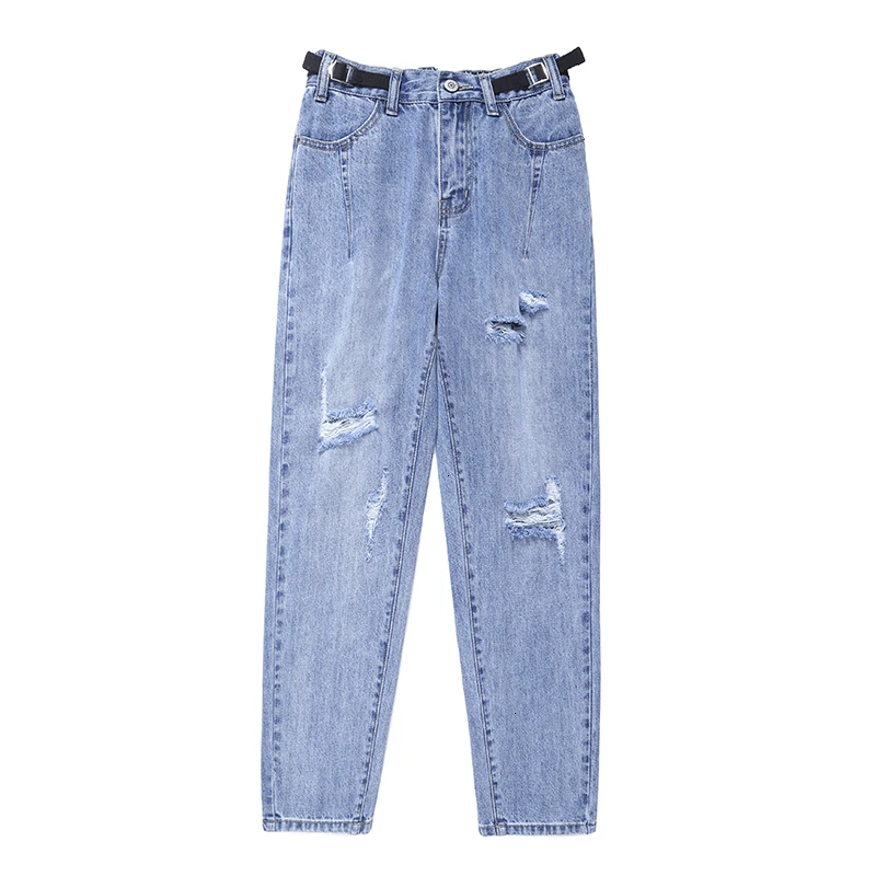 Light blue Корейская версия отверстие повседневные девять очков Джинсы женские свободные модные осенне-зимние шаровары с эластичной талией L XL - Цвет: Light blue