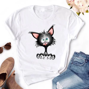 Женская футболка, модная летняя хлопковая футболка с коротким рукавом, с принтом мультяшного кота, брендовые Топы HH252