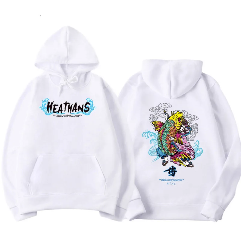 

Толстовка мужская с капюшоном, Японская уличная одежда в стиле Харадзюку, свитшот на карпа, в стиле хип-хоп, Модная белая