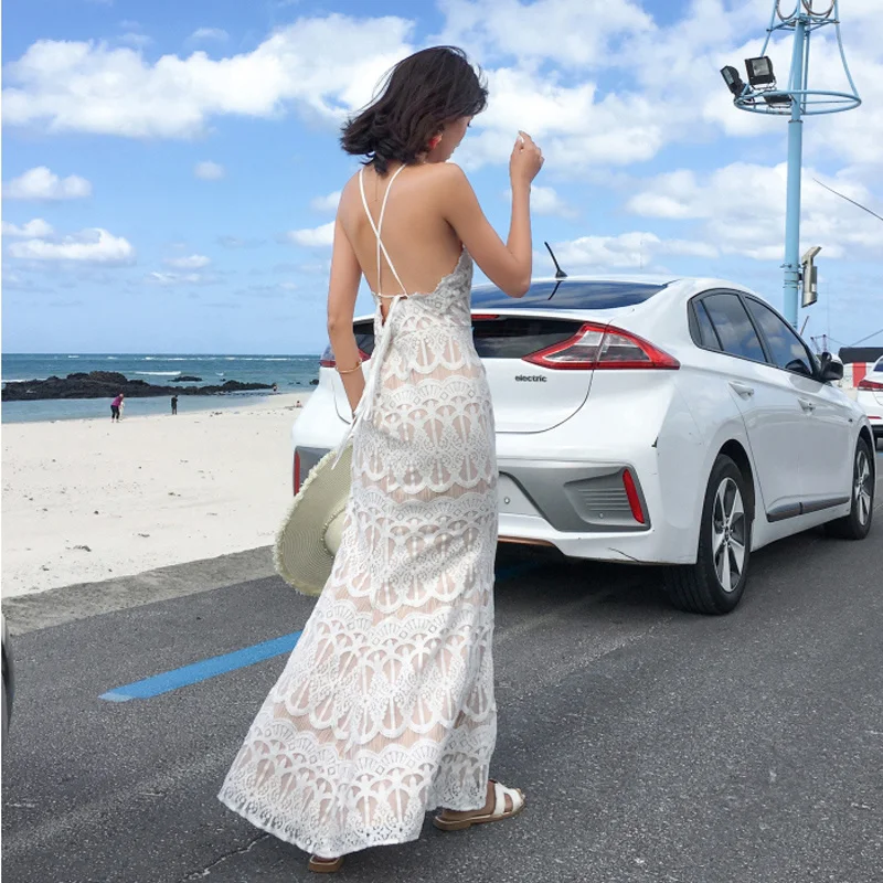 

Beach Vacation Photo Dress Ins Lace Long Skirt Halter Female Beach Skirt Travel Photography White Dress A166
