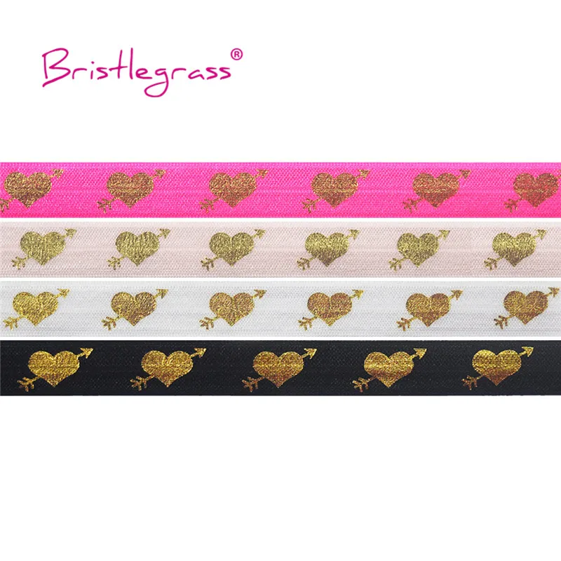 

BRISTLEGRASS Wholesale 50 Yard 5/8" 15mm Cupid's Arrow Love Heart Foil Print Fold Over Elastic FOE Spandex Band Dress DIY Sewing