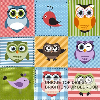 BlessLiving Owl Patchwork Bedding Set Cartoon Bird Bed Cover Striped Duvet Cover 3-Piece Colorful Kids Bedspreads Queen Size 3