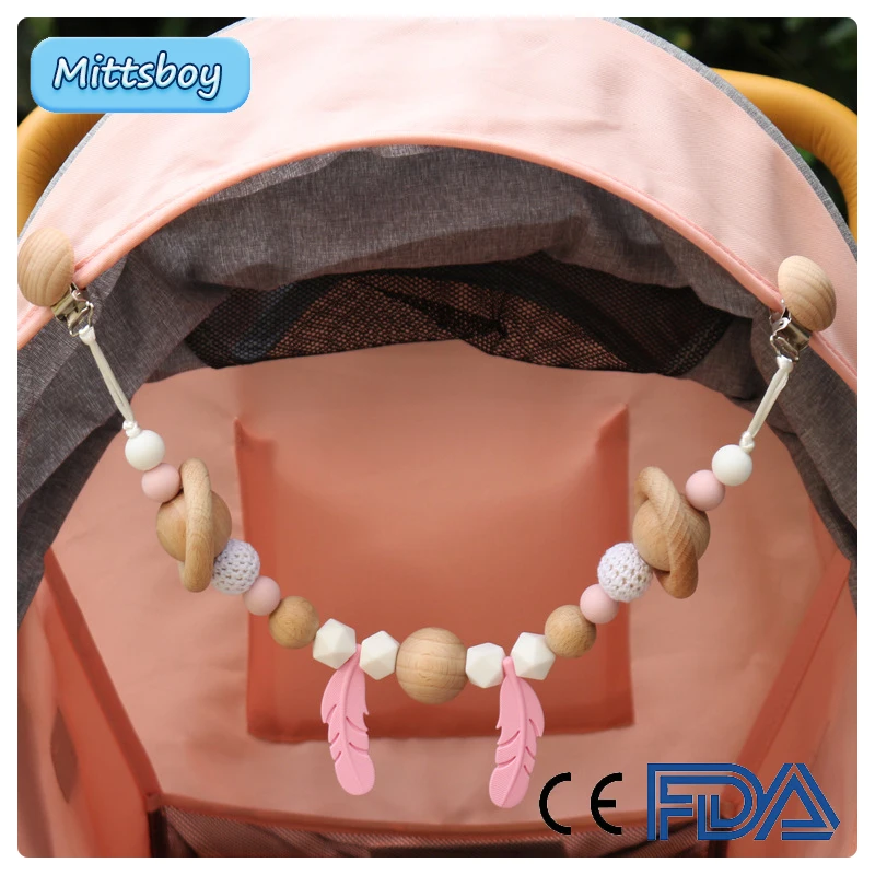 

Baby Teether Silicone Beads Feather Teething Pendant Pram Clip Hanging Toys Mobile Holder Stroller Chain Newborn Wooden Toy Gift
