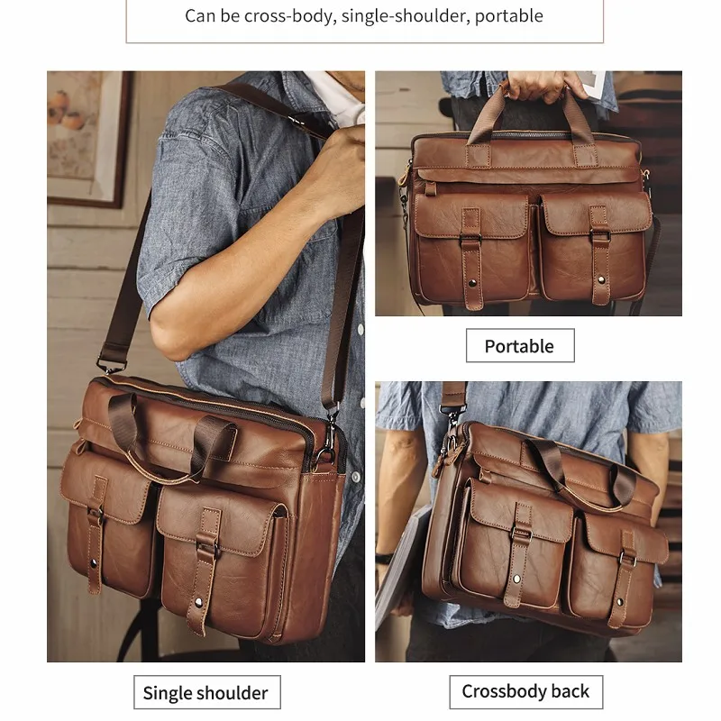 BY24 Men Briefcase Genuine Leather Laptop Bag 15.6