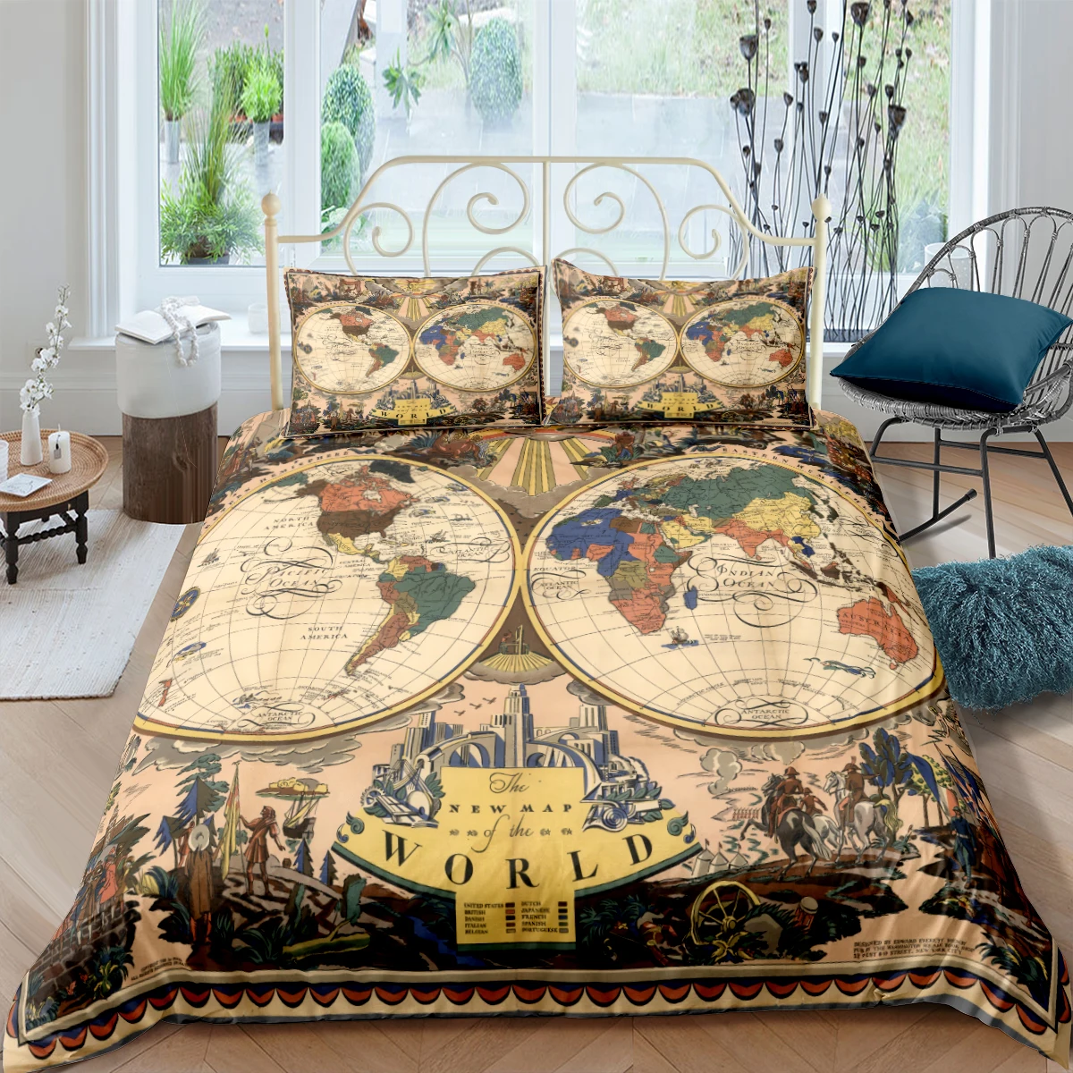 

Fanaijia Retro world map Bedding Sets Queen Duvet Cover and Pillowcase king size comforter set