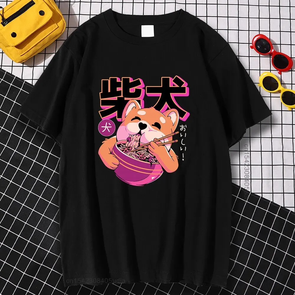 Shiba Inu Eating Noodles Cartoon Print Tshirts Man Quality Camisa Pattern O-Neck T-Shirt Fashion Hip Hop Casual Tshirt