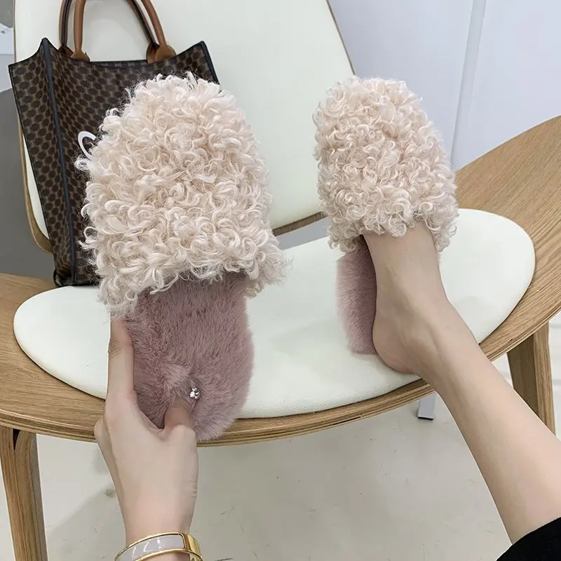 

Fluffy Winter Slippers Plus Velvet Flat Head Slippers Round Head Plush Shoes Pregnant Women Indoor And Outdoor Slippers