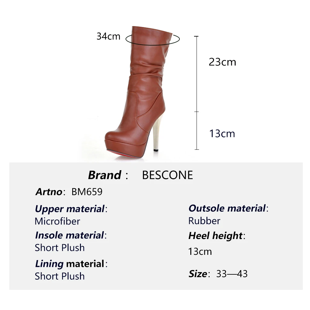 

Bescone Solid Concise Style Mid-calf Boots Woman High Platform White Super High Thin Heel Pleated Boots Shoe BM659