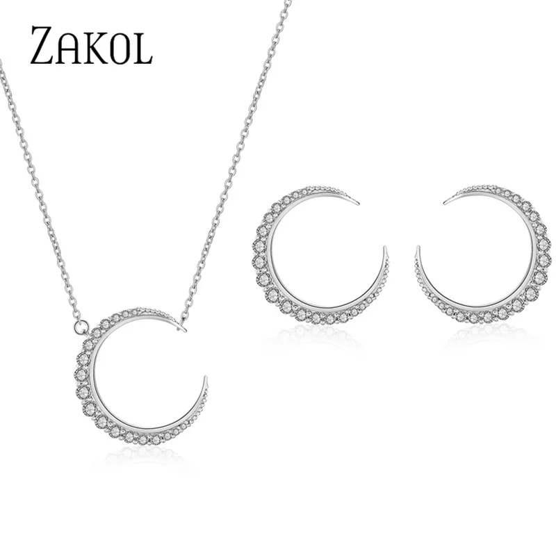 ZAKOL Classic Moon Shape Jewelry Sets White Gold With Tiny CZ Paved Pendant Necklace &amp Stud Earrings For Women FSSP3002 | Украшения и