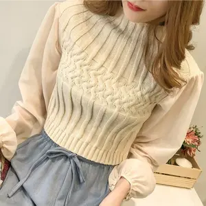 Женский Однотонный свитер с высоким воротником, укороченный пуловер, укороченный топ в стиле пэчворк, шифоновый свитер с рукавами для женщин, весна 2020