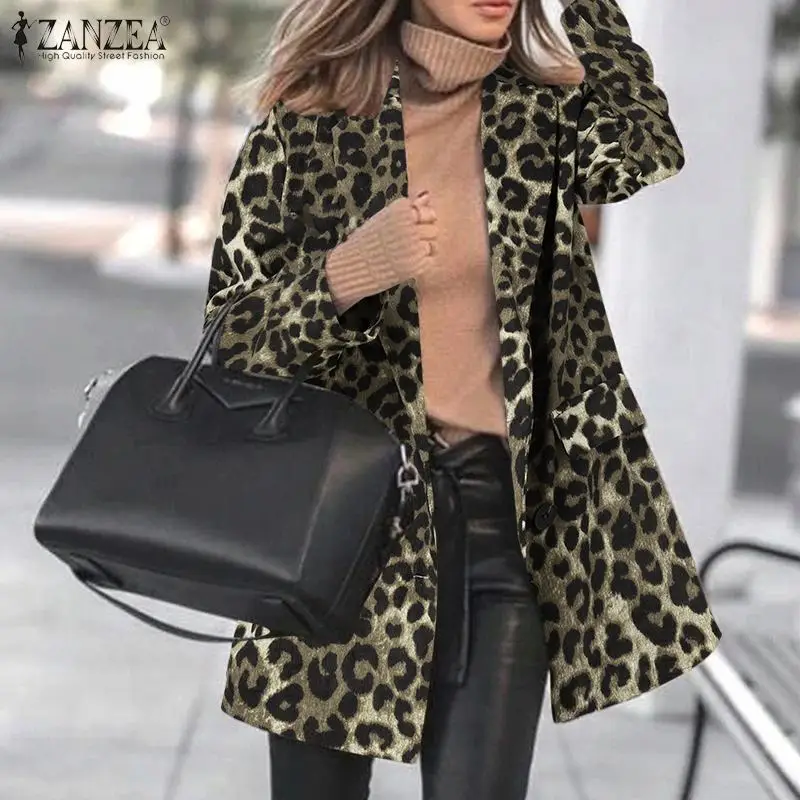 

Женский Осенний жакет в богемном стиле Вечерние ч с карманами, модные пальто с леопардовым принтом, ВИНТАЖНЫЕ пальто ZANZEA большого размера с ...
