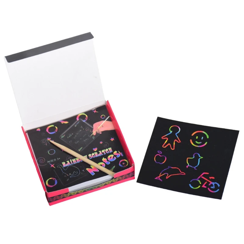 

100Pcs Rainbow Scratch Art Mini Notes With Wooden Stylus Scraping Drawing Toys Arts And Crafts For Girls