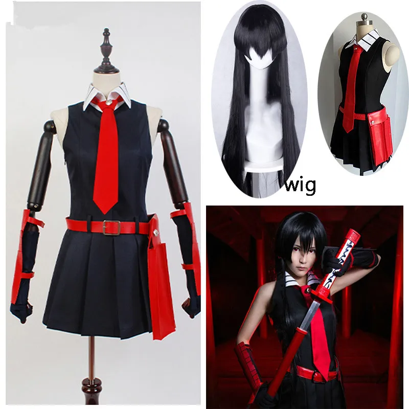 

8PCS Akame ga KILL Akame Cosplay Black Sleeveless Dress Uniform Outfit Anime Cosplay Costumes and wig glove sock Christmas Party