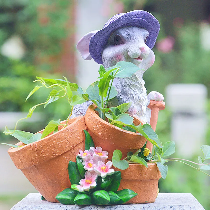 

Grey Rabbit Flower Pot Resin Crafts Plant Pot Garden Decoration Landscape Desktop Potted Ornaments