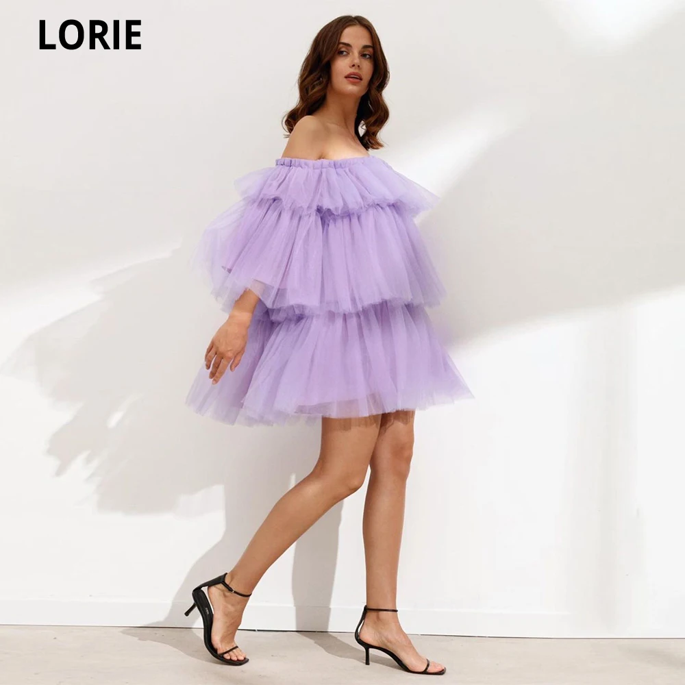 

LORIE Lilac Short Prom Dresses Off The Shoulder Tiered Tulle Homecoming Party Dress Above Knee Tutu Skirt Lady Formal Gowns