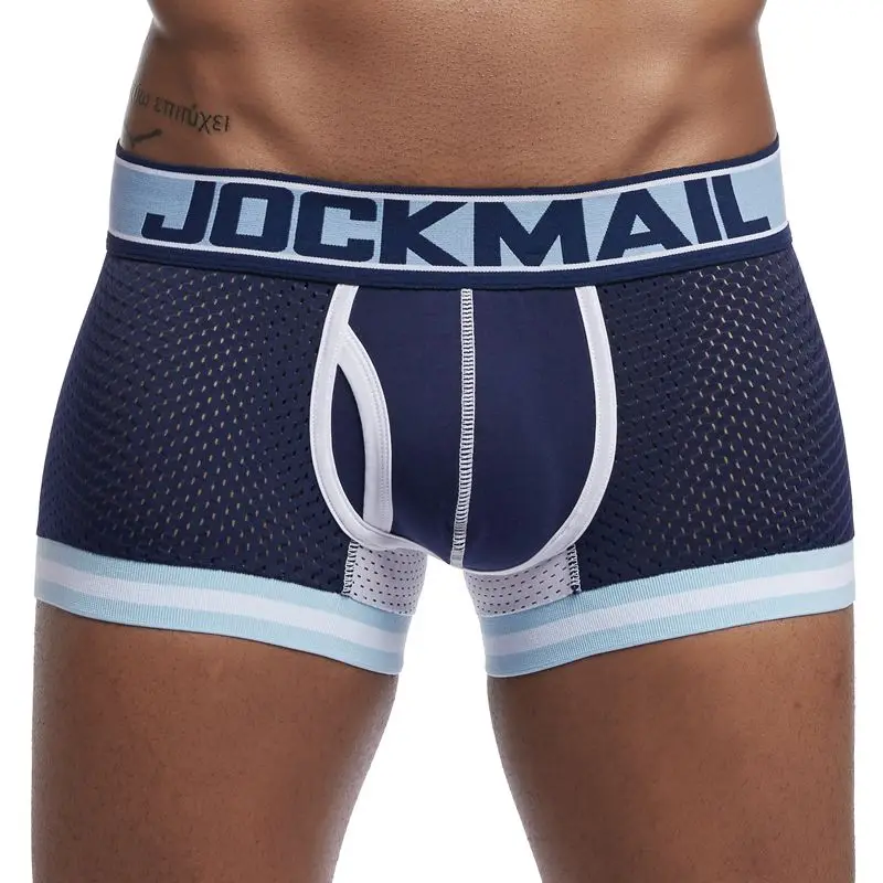 JM401-Dark Blue JOCKMAIL, фирменное мужское Сетчатое нижнее белье, боксеры, calzoncillos hombre, гей, одежда для сна, Cueca, боксеры, дышащие, промежность, хлопковые трусы, шорты - Цвет: JM401-Dark Blue