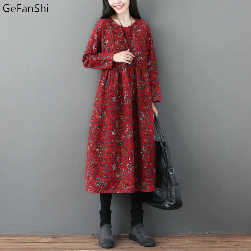 

2021 New Spring Summer Women Dresses Casual Loose Cotton Linen Floral Print Dress Long Sleeve O-Neck Ladies Vintage Dress