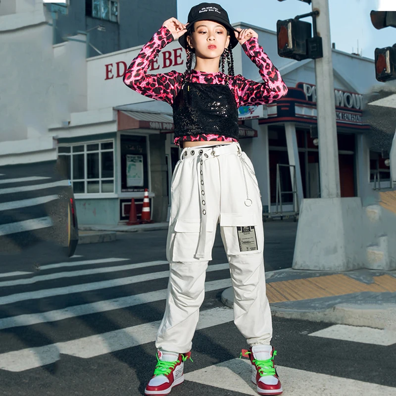 

Костюм для девочек в стиле хип-хоп, Джазовый, сценический наряд, жилет с блестками, розовые леопардовые топы, штаны, модная танцевальная одеж...