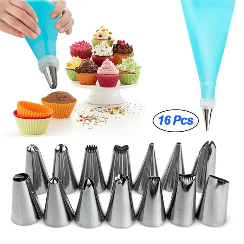 16 шт./набор кондитерский мешок из нержавеющей стали|Наборы кондитерских насадок|