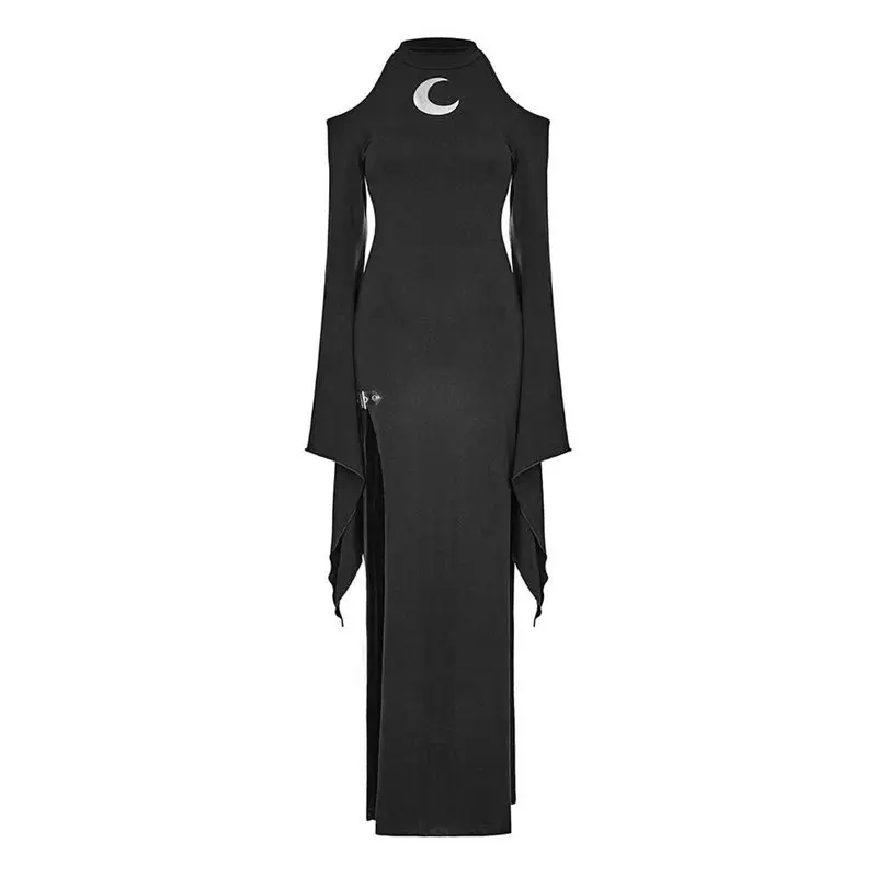 Готическое темно-черное открытое длинное платье для женщин Осенний звонок рукав