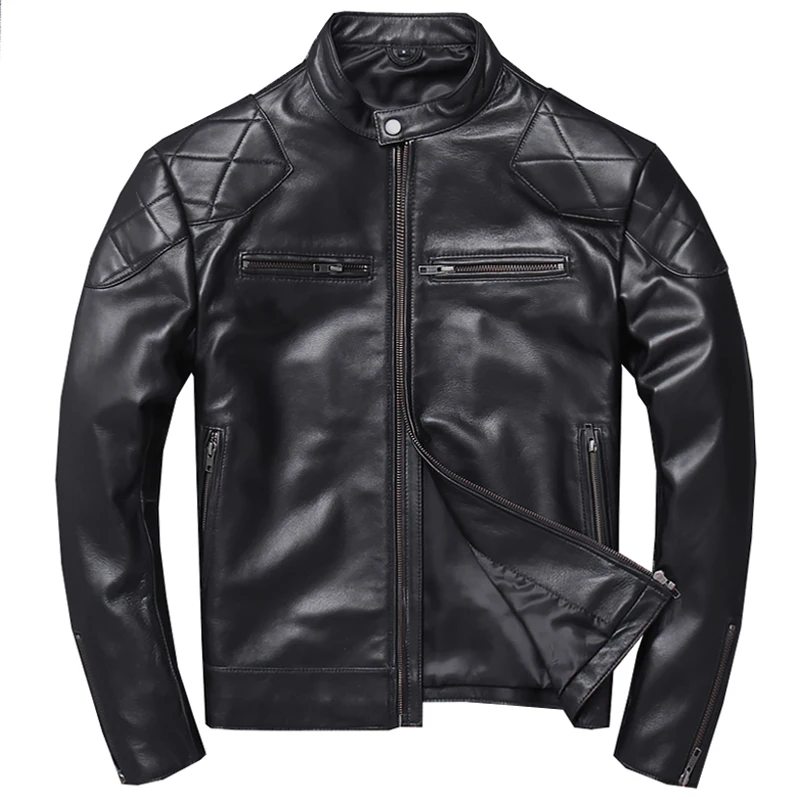 Бесплатная доставка Классическая байкерская куртка из натуральной кожи модное