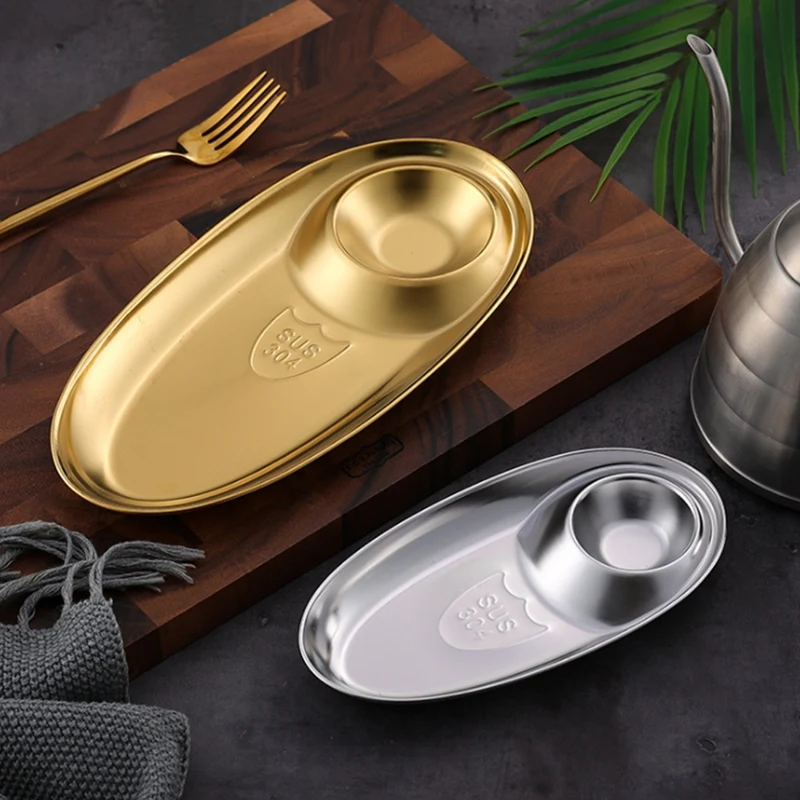 2PCS Stainless Steel Snack Plate Oval Fries Dumpling With Seasoning Grid Fried Chicken | Дом и сад