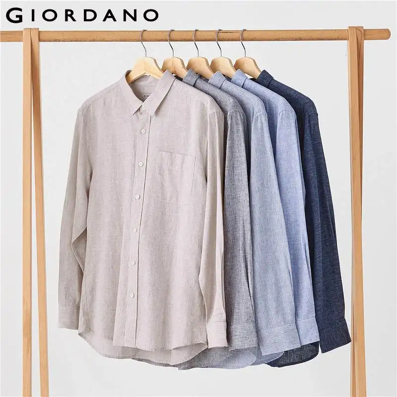 Мужская рубашка с длинным рукавом Giordano повседневная однотонная блузка из льна и