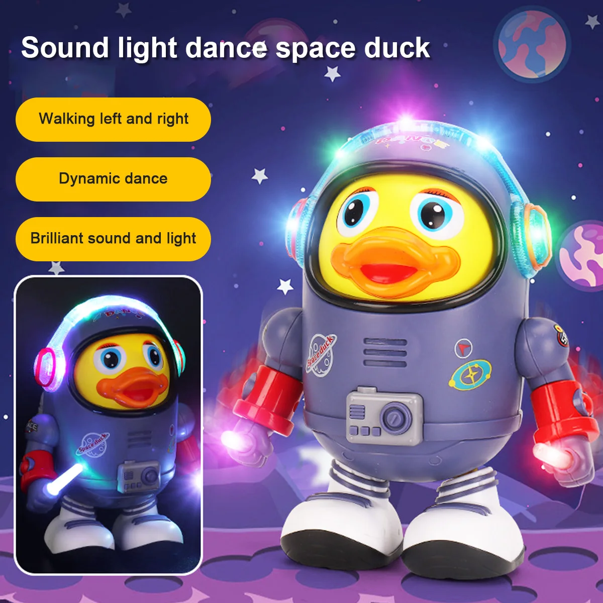 

Dancing Duck Toy w/ Light Sound Effects Walking Space Duck Toy Battery Operated Light up Toy Interactive Musical Dancing Duck