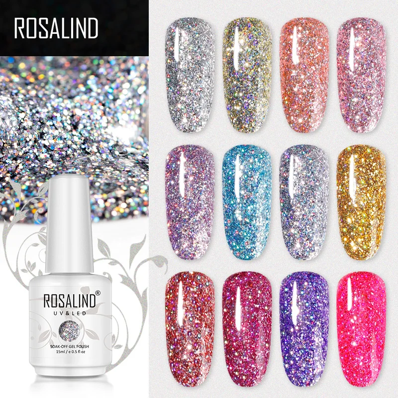 

ROSALIND Gel Varnish Hybrid Polish For Manicure Set Nail Of Base Top Shiny Glitter Semi Permanent Gel Nail Polish Neon 15ML