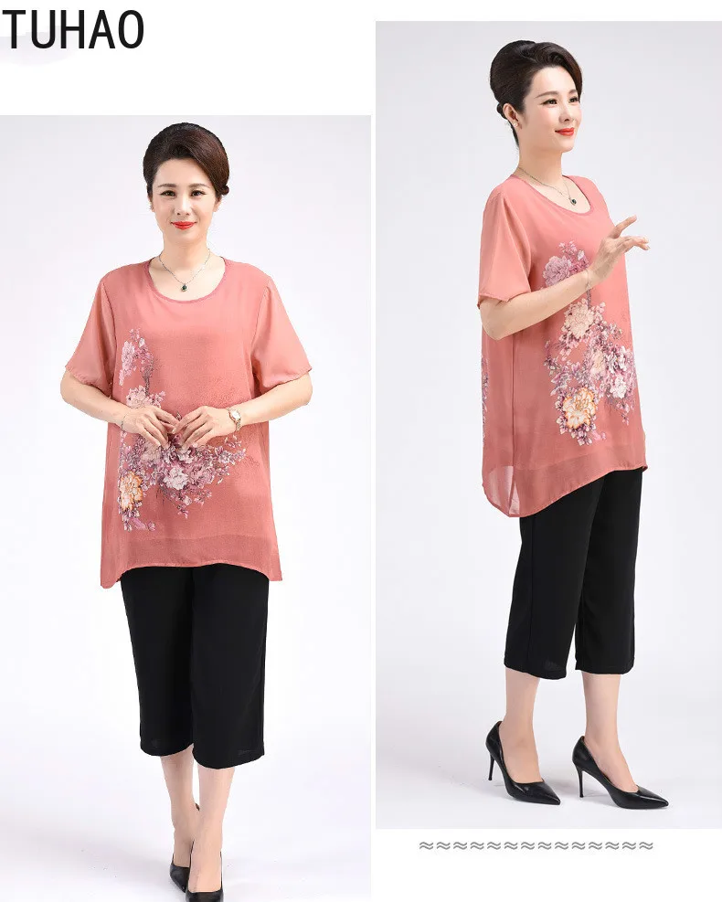 

TUHAO Gothic Mother Blouse Plus Size 9XL 8XL 7XL 6XL Summer Blouses Shirt Loose Two-piece Suit Middle-aged Chiffon Shirt WM07