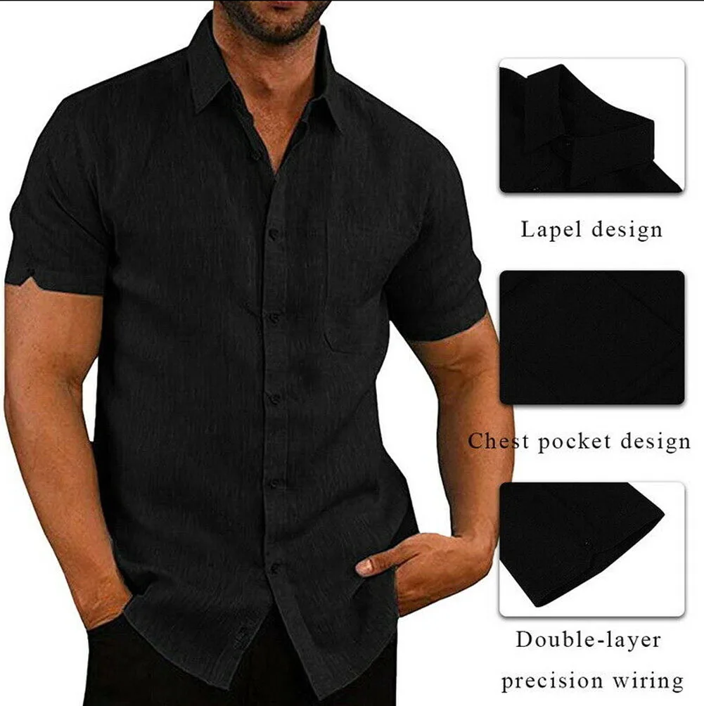 

Hirigin Casual Men Solid Linen Cotton Short Sleeve Shirt Tops Summer M-3XL