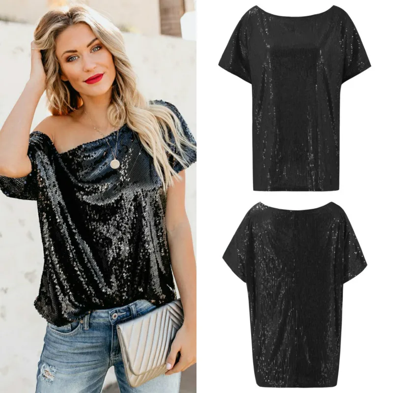 

best selling summer new women's t shirt short sleeve solid color Sequin slash neck top